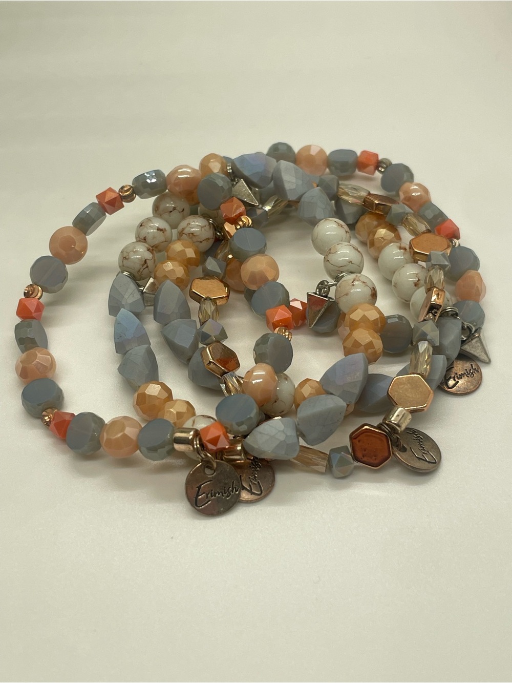 Erimish Peach, Gray & White Mixed Bead Stretch Bracelet